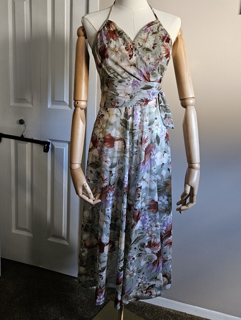Vintage 70s Sage Green Floral Plisse Peplum Dress - Sheer Halter Style